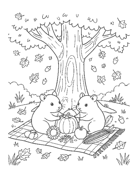 Line drawing of two hamsters having a fall picnic with a tiny pumpkin, corn and acorns