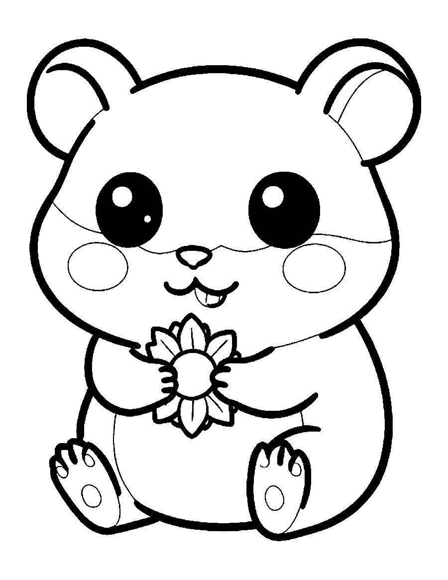 Line drawing of a cute chibi hamster holding a big sunflower seed