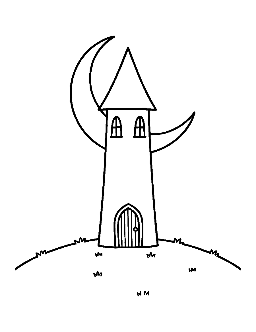 Line drawing of a tall crooked tower on a hill with a crescent moon