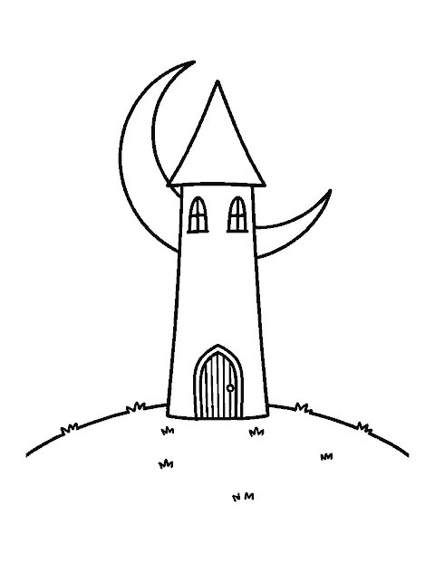 Line drawing of a tall crooked tower on a hill with a crescent moon