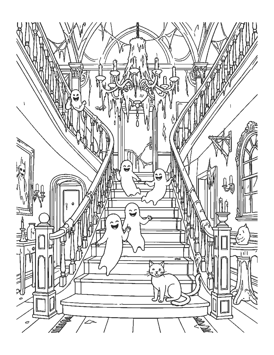 Line drawing of smiling ghosts sliding down a staircase banister in a hall