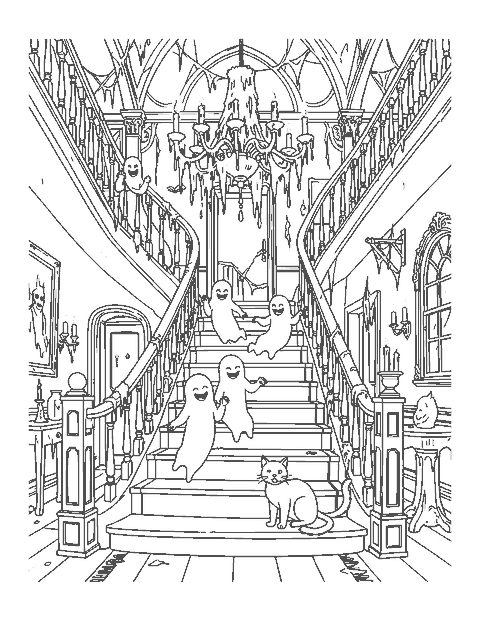 Line drawing of smiling ghosts sliding down a staircase banister in a hall