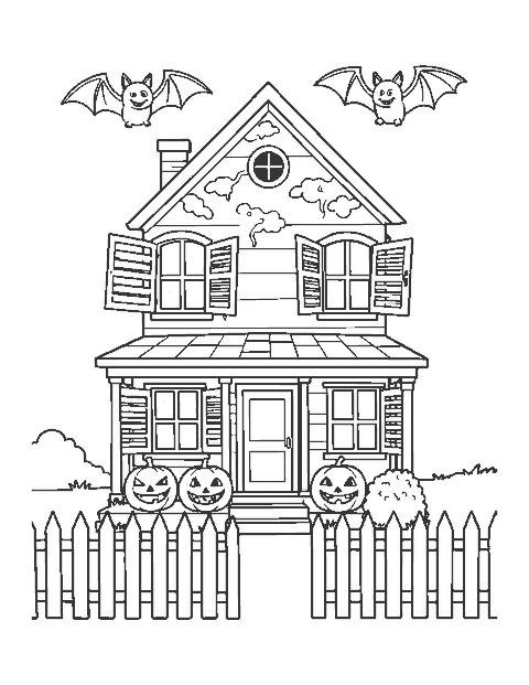 Line drawing of a two-story haunted house with jack-o'-lanterns on the porch