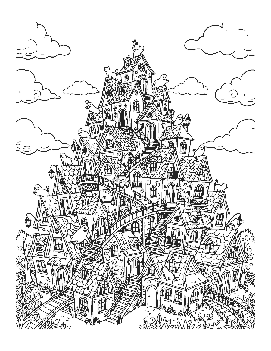Line drawing of crooked houses stacked on a hill with stairs, ghosts and a moon