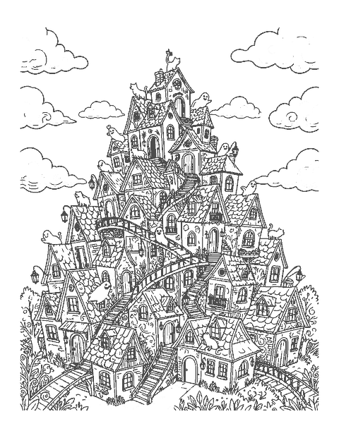 Line drawing of crooked houses stacked on a hill with stairs, ghosts and a moon