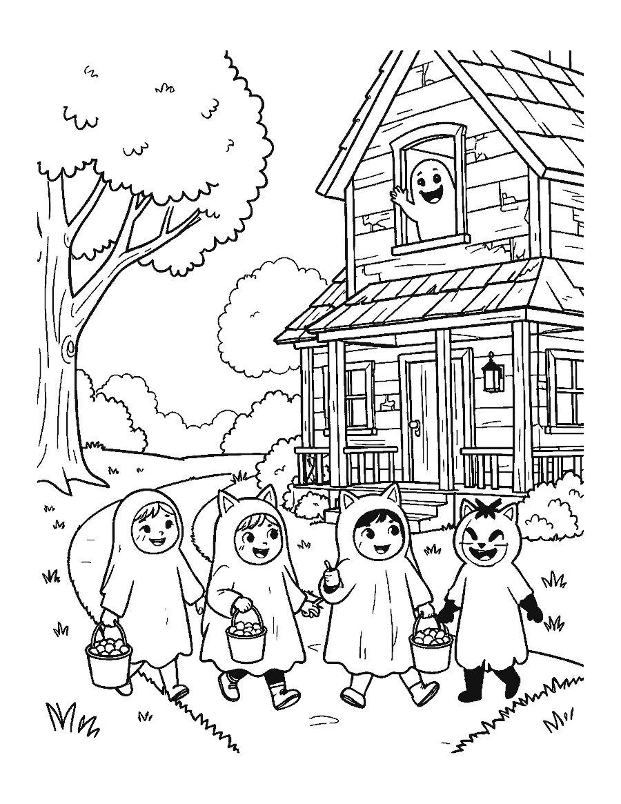 Line drawing of children in costumes walking up to an old house with a ghost