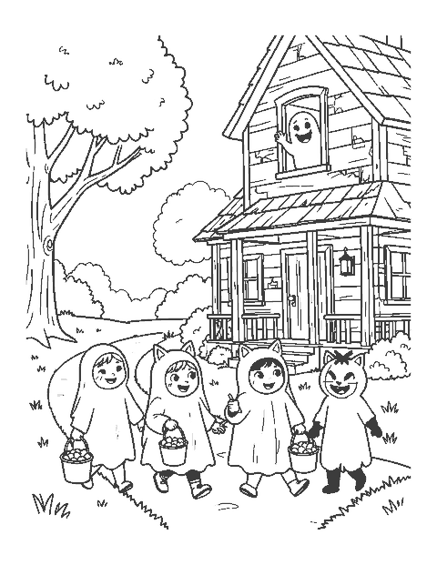 Line drawing of children in costumes walking up to an old house with a ghost