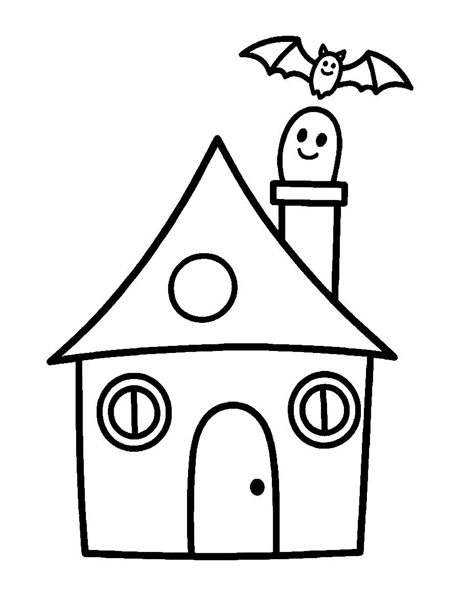 Line drawing of a small crooked house with a smiling ghost in the chimney