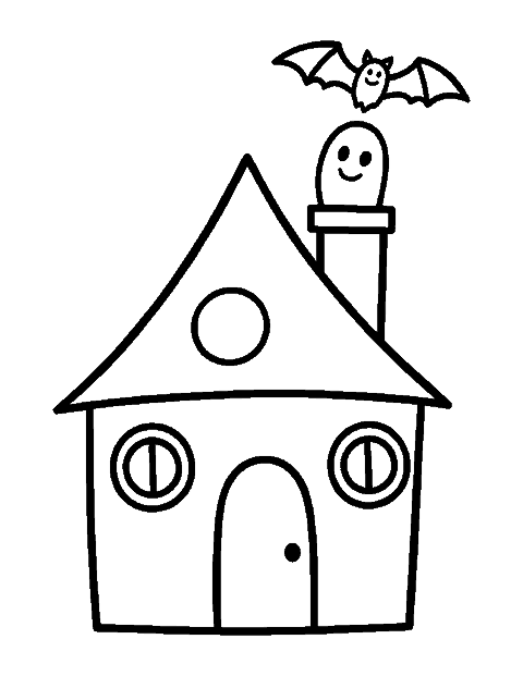 Line drawing of a small crooked house with a smiling ghost in the chimney