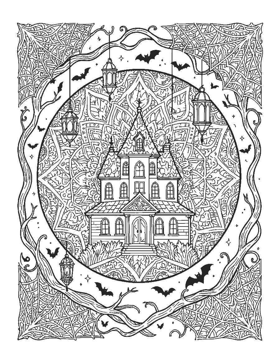 Line drawing of a mansion inside a mandala-patterned moon framed by branches