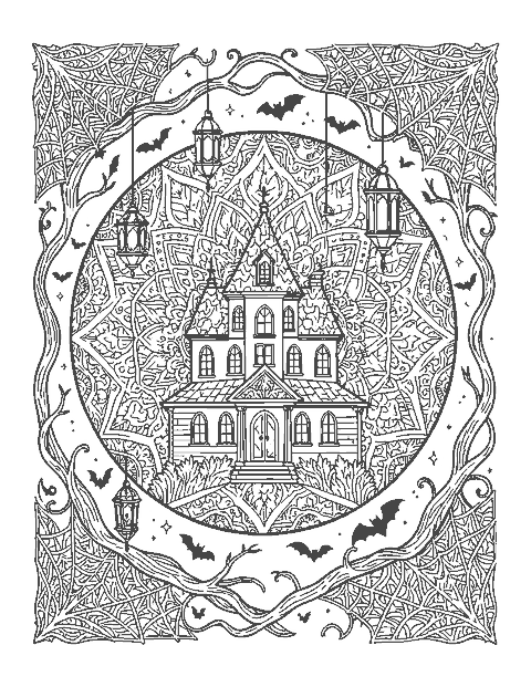 Line drawing of a mansion inside a mandala-patterned moon framed by branches