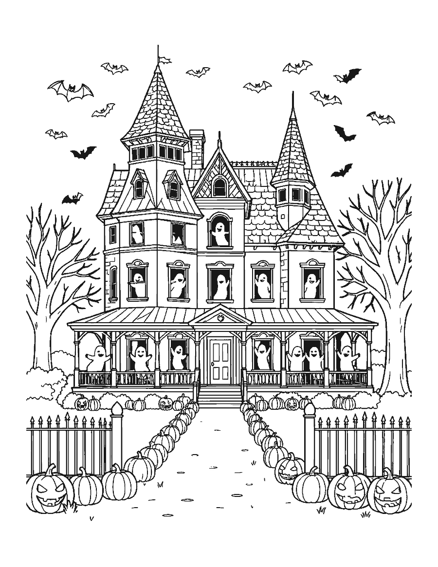 Line drawing of a Victorian mansion with towers, friendly ghosts and bats