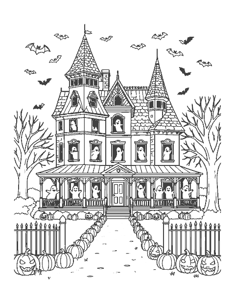 Line drawing of a Victorian mansion with towers, friendly ghosts and bats