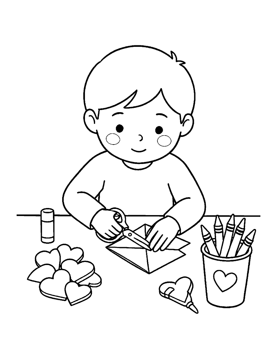 Line drawing of a child cutting paper hearts at a table with craft supplies