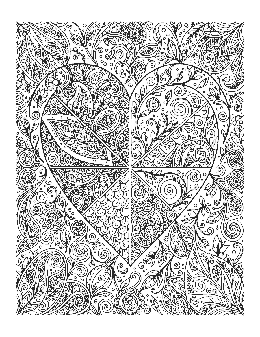 Line drawing of a large heart filled with paisley, lace and doodle patterns