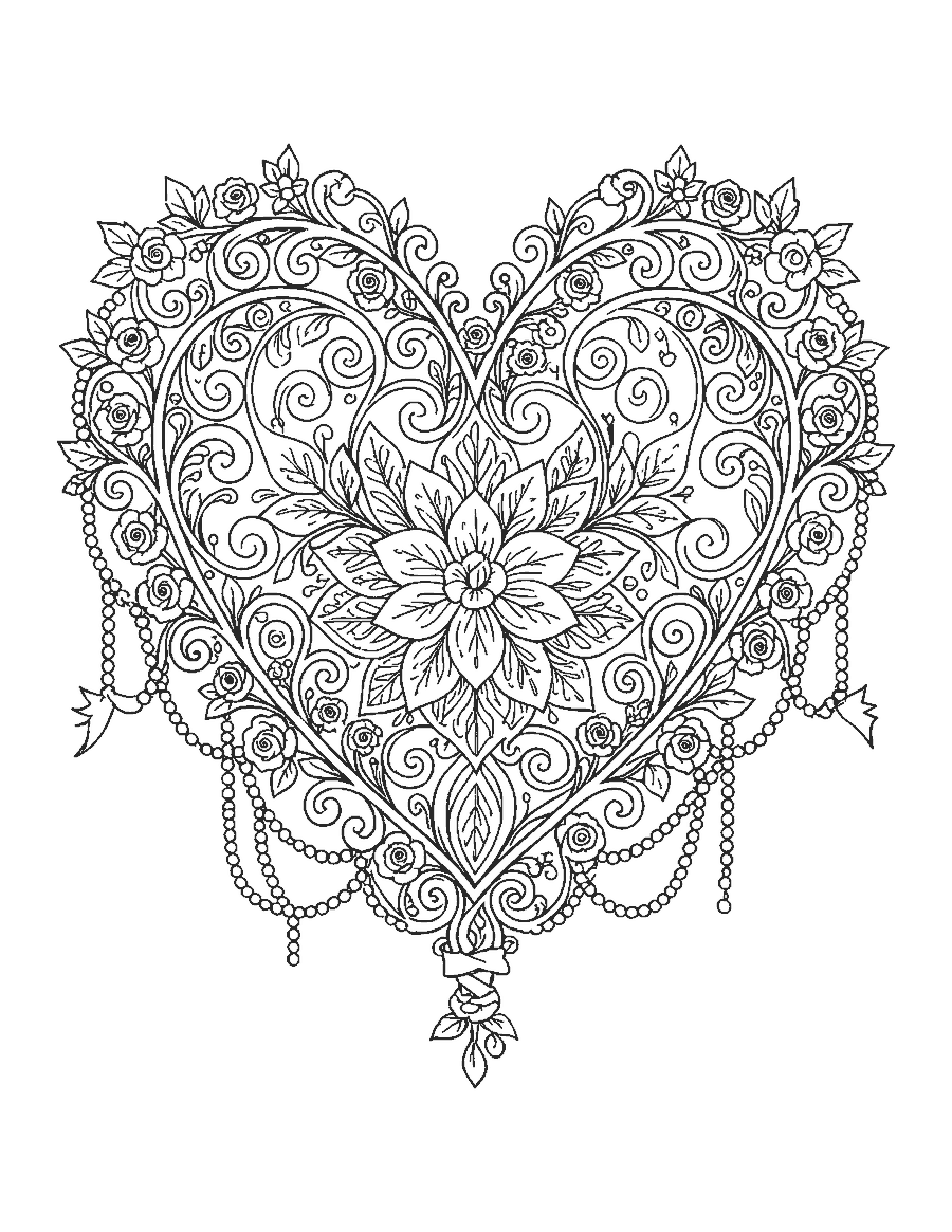 Line drawing of a fancy heart edged with filigree scrolls, ribbons, pearls and tiny roses