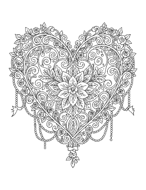Line drawing of a fancy heart edged with filigree scrolls, ribbons, pearls and tiny roses