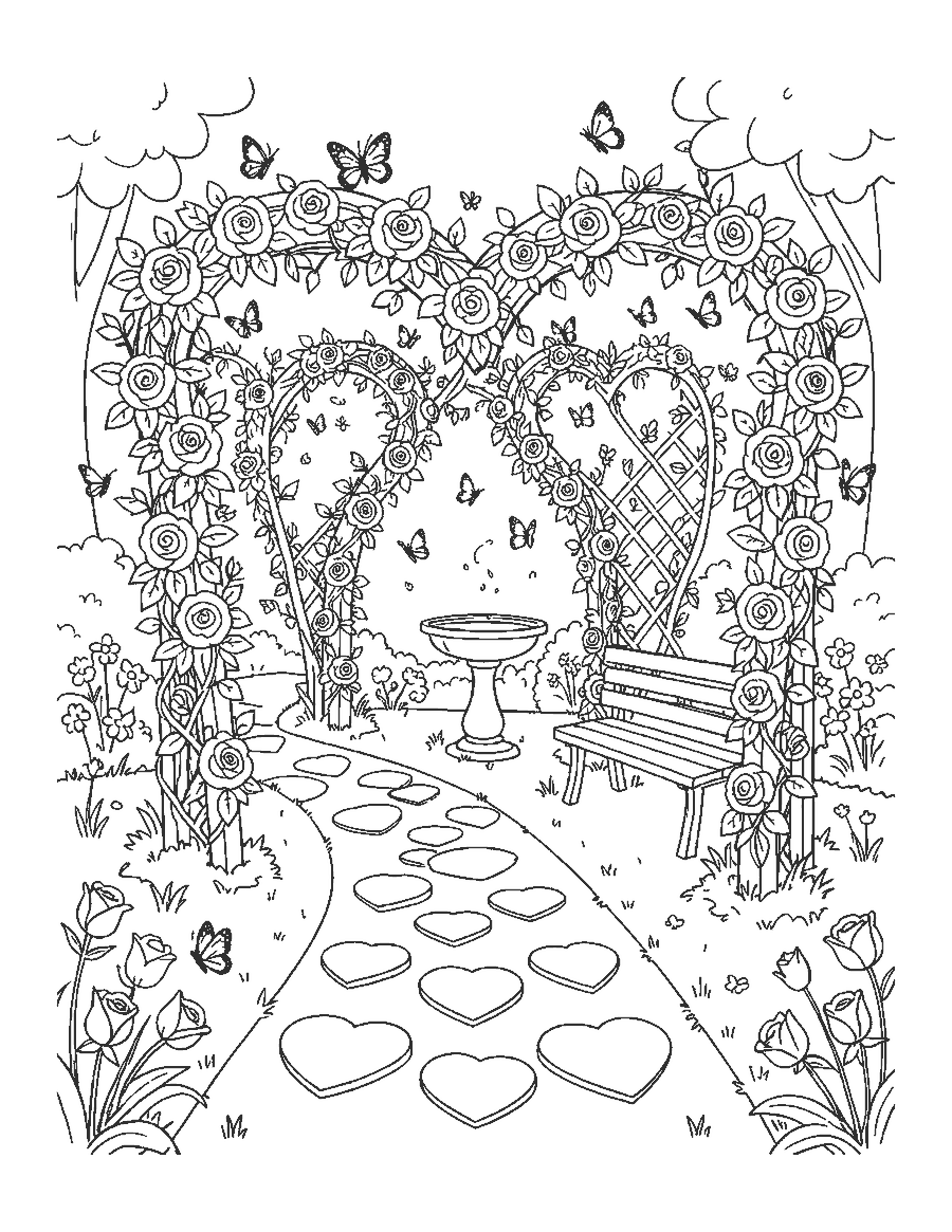 Line drawing of a garden path under heart-shaped rose trellises