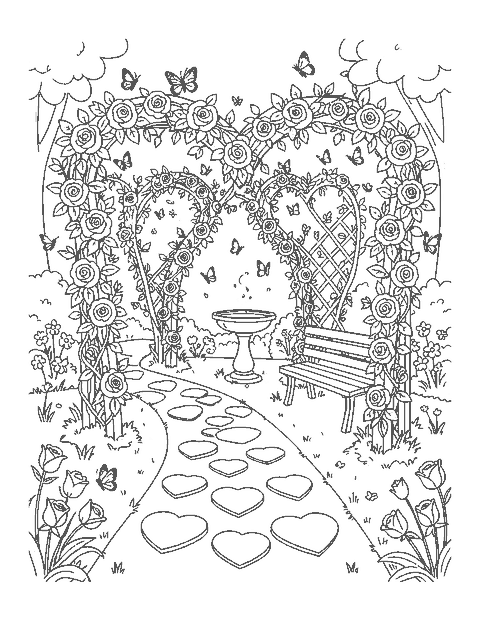 Line drawing of a garden path under heart-shaped rose trellises