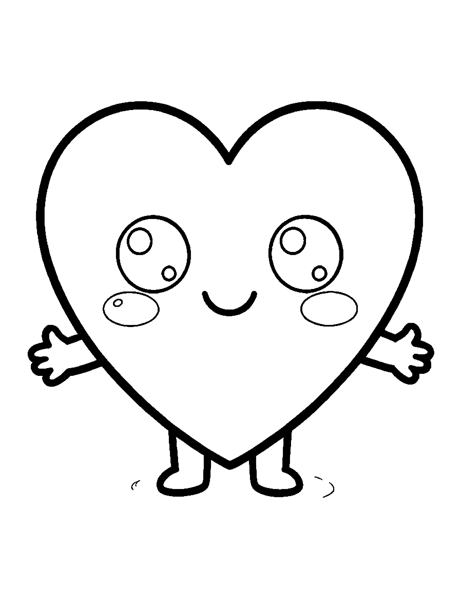 Line drawing of a cute smiling heart with big eyes and open arms