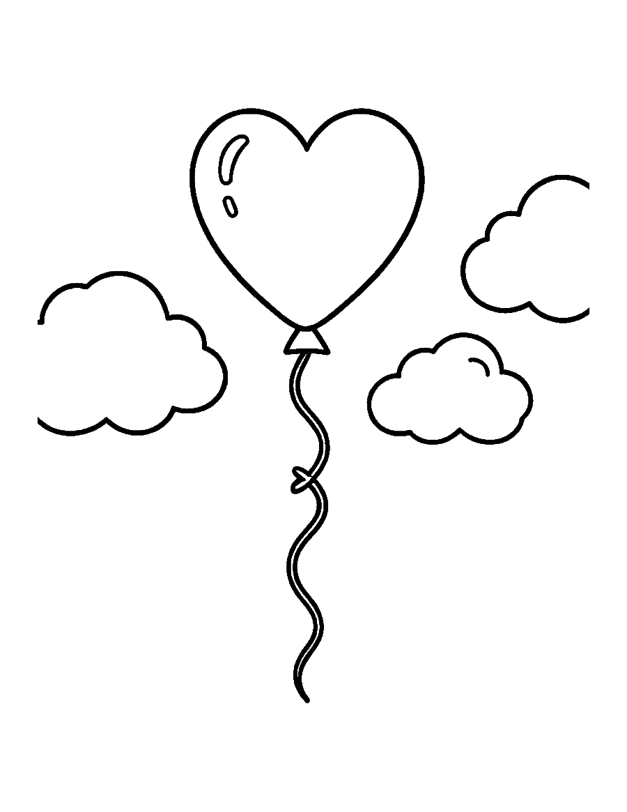 Line drawing of a heart-shaped balloon on a curly string with two clouds