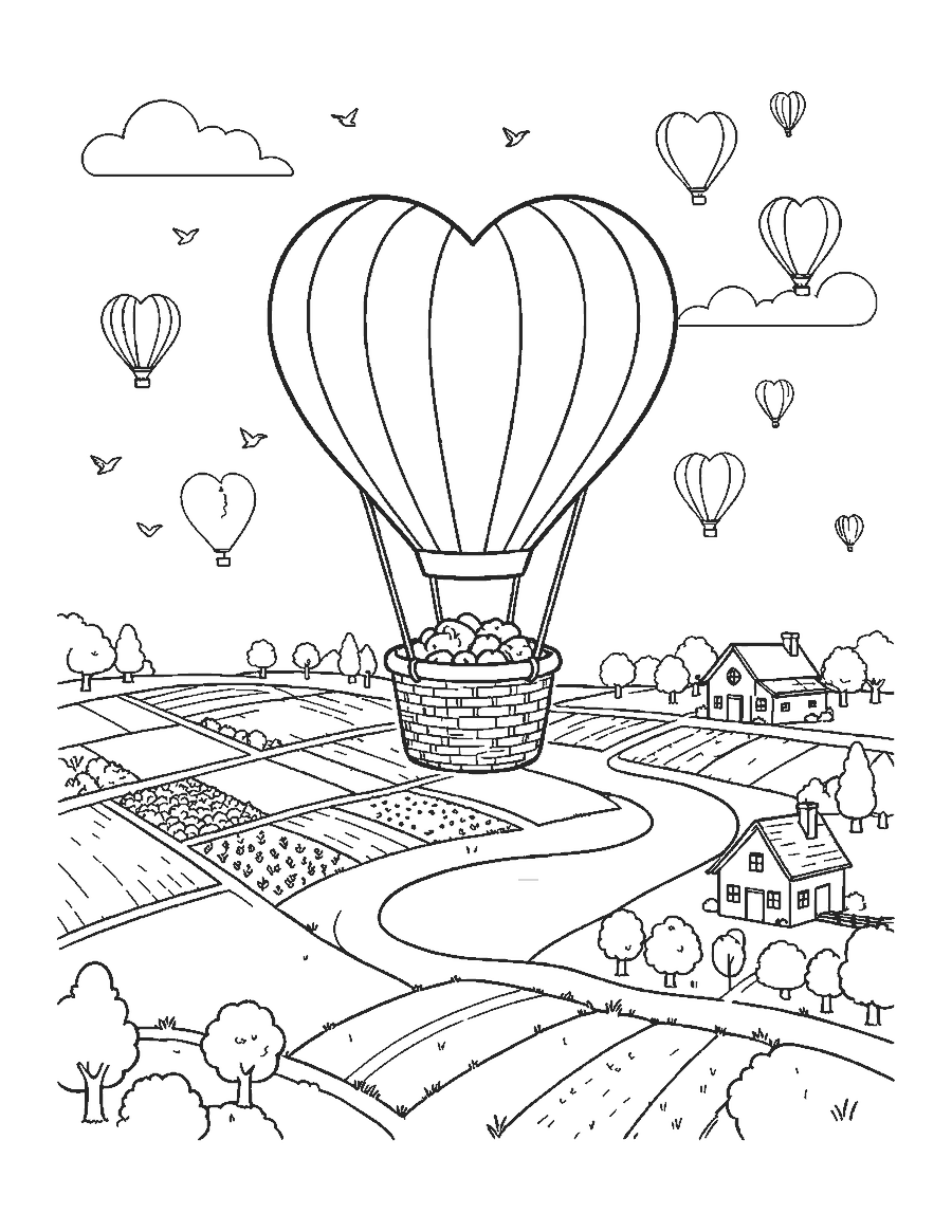 Line drawing of a heart-shaped hot air balloon over fields and farmhouses