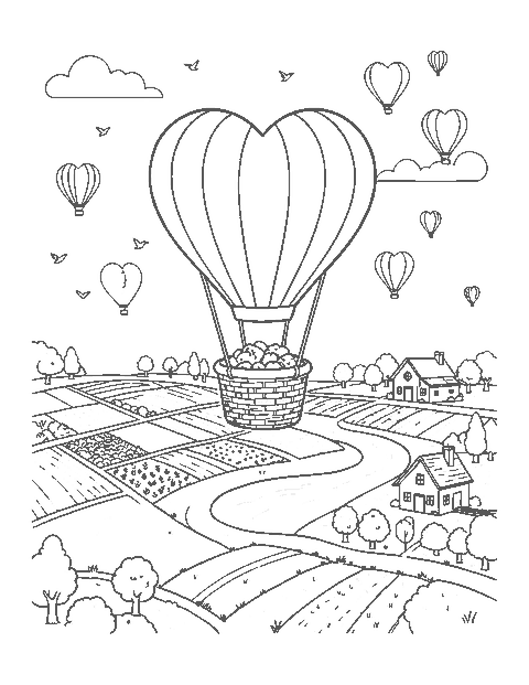 Line drawing of a heart-shaped hot air balloon over fields and farmhouses