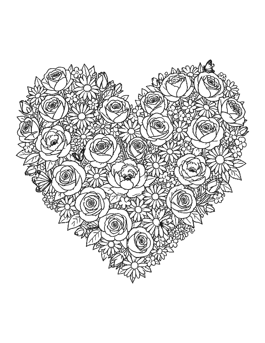 Line drawing of a heart shape made of roses, daisies and peonies