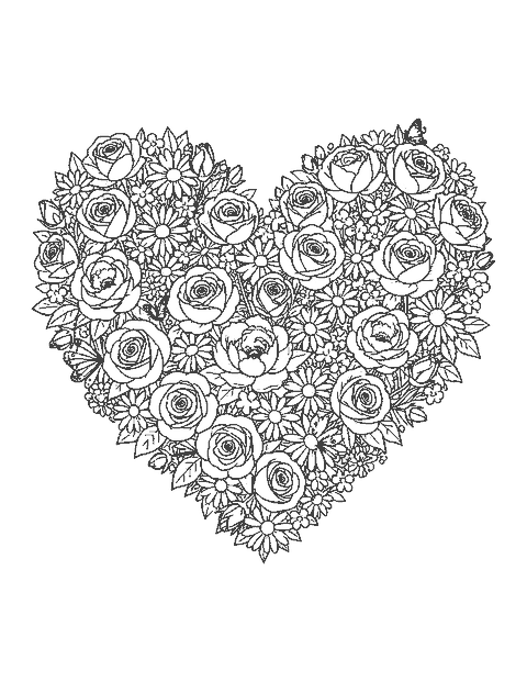 Line drawing of a heart shape made of roses, daisies and peonies