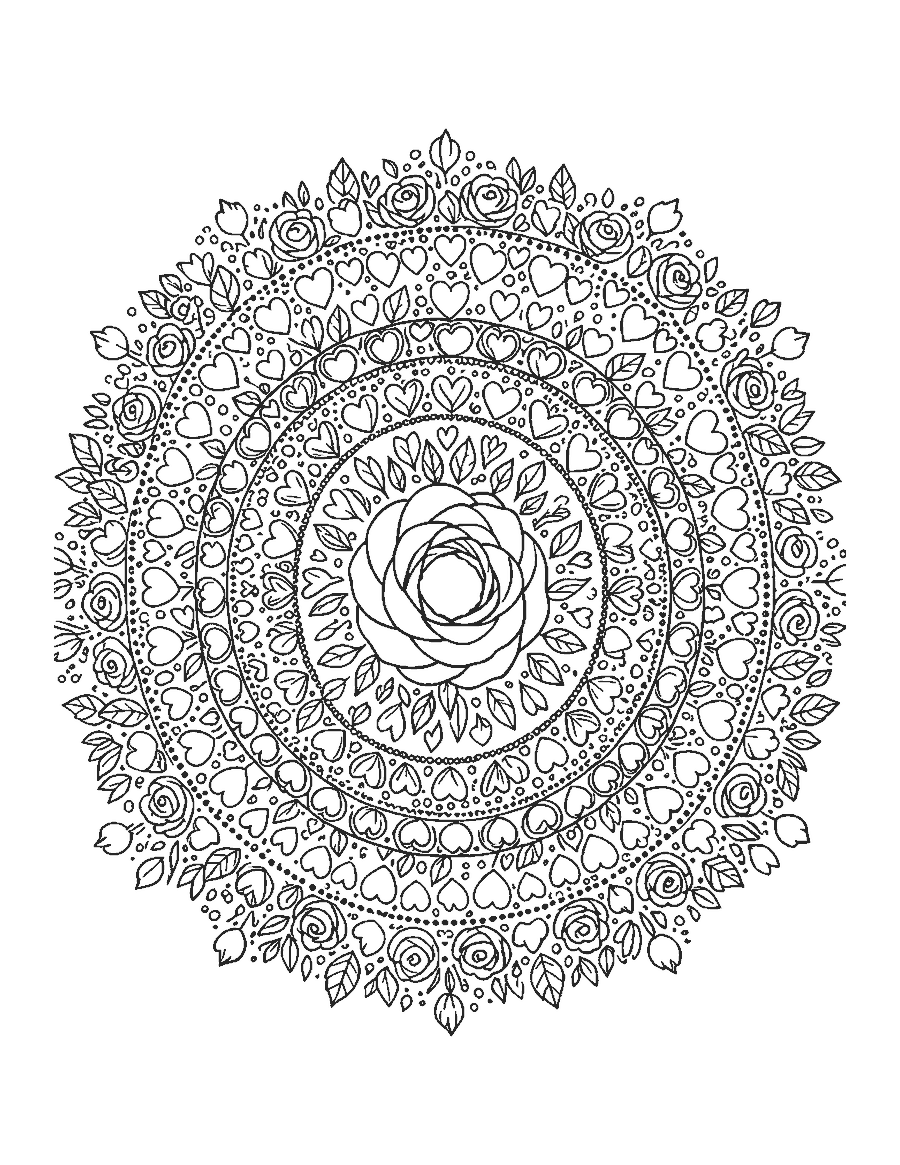 Line drawing of a round mandala of hearts and petals around a rose