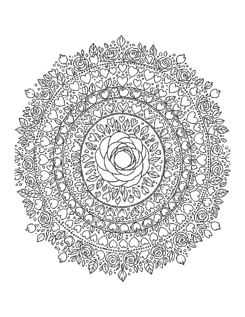 Line drawing of a round mandala of hearts and petals around a rose