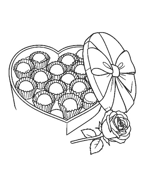 Line drawing of an open heart-shaped box of chocolates with its bowed lid and a rose