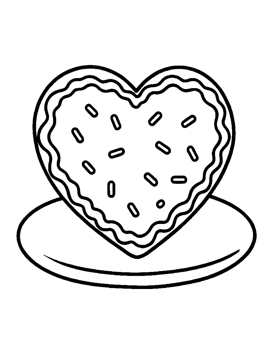 Line drawing of a heart-shaped cookie with icing and sprinkles on a plate