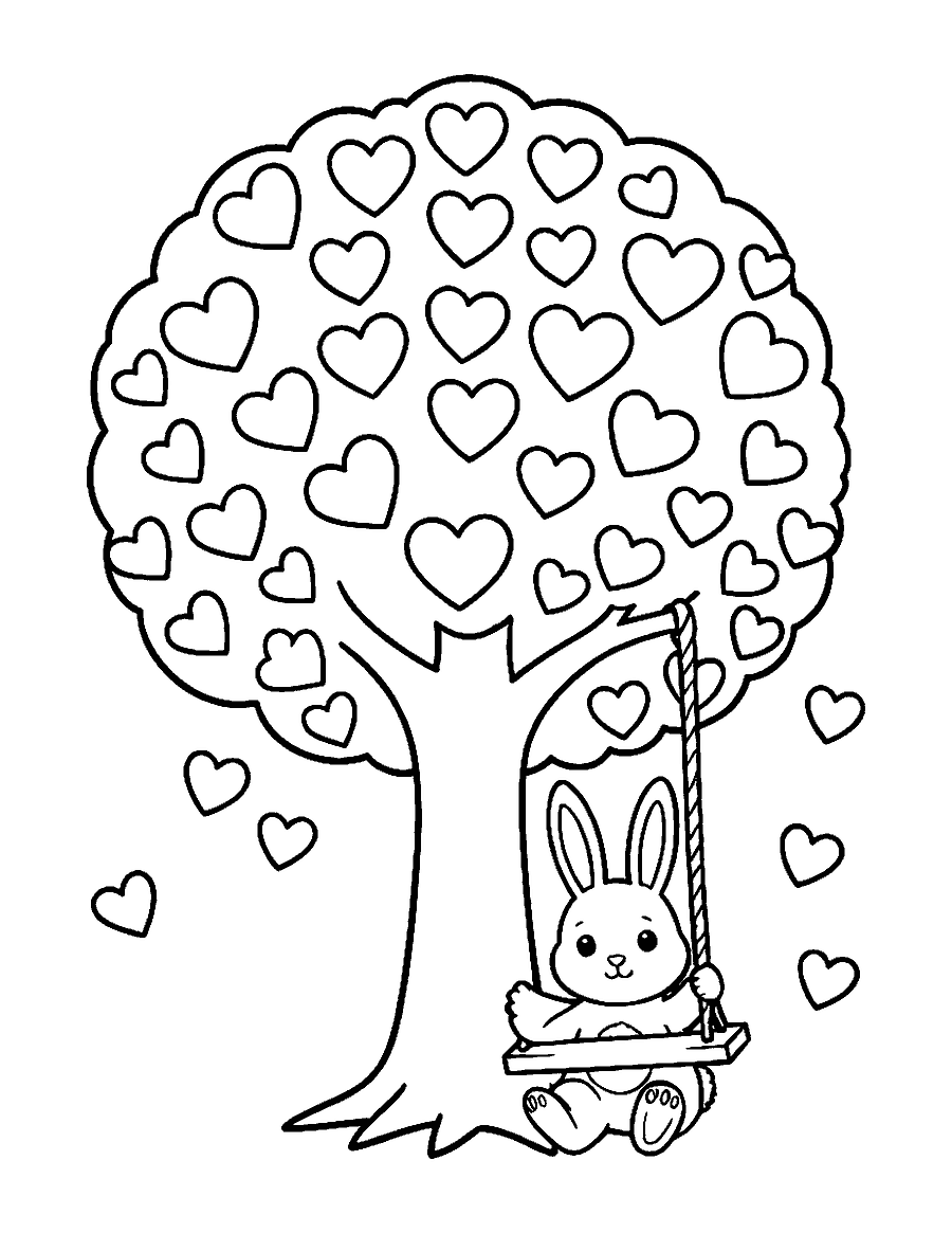 Line drawing of a tree with heart-shaped leaves, a swing and a bunny