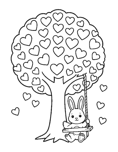 Line drawing of a tree with heart-shaped leaves, a swing and a bunny