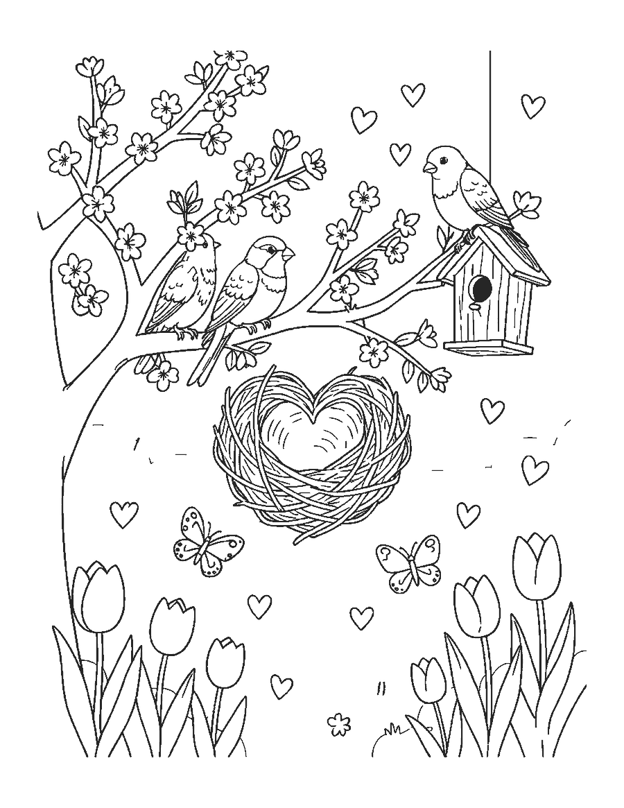 Line drawing of two lovebirds on a blossoming branch beside a heart-shaped nest