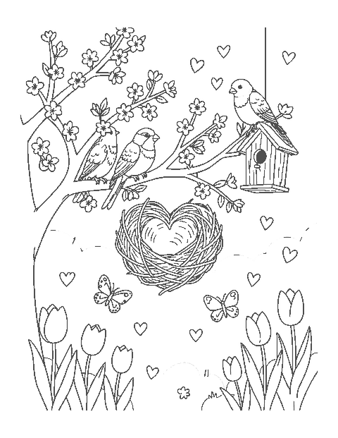Line drawing of two lovebirds on a blossoming branch beside a heart-shaped nest