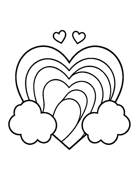 Line drawing of a big heart filled with rainbow bands and a puffy cloud on each side