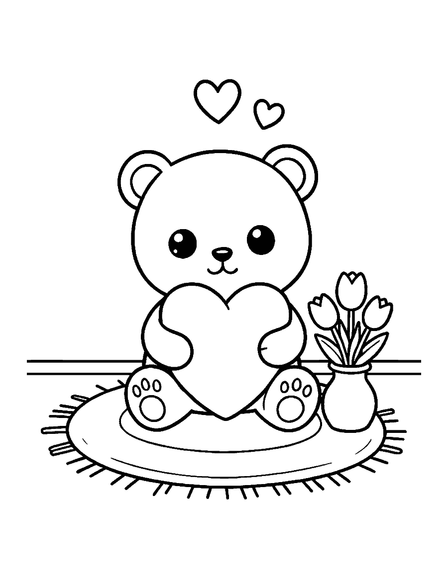 Line drawing of a cute teddy bear hugging a heart pillow next to tulips