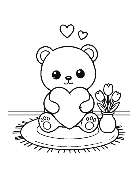 Line drawing of a cute teddy bear hugging a heart pillow next to tulips