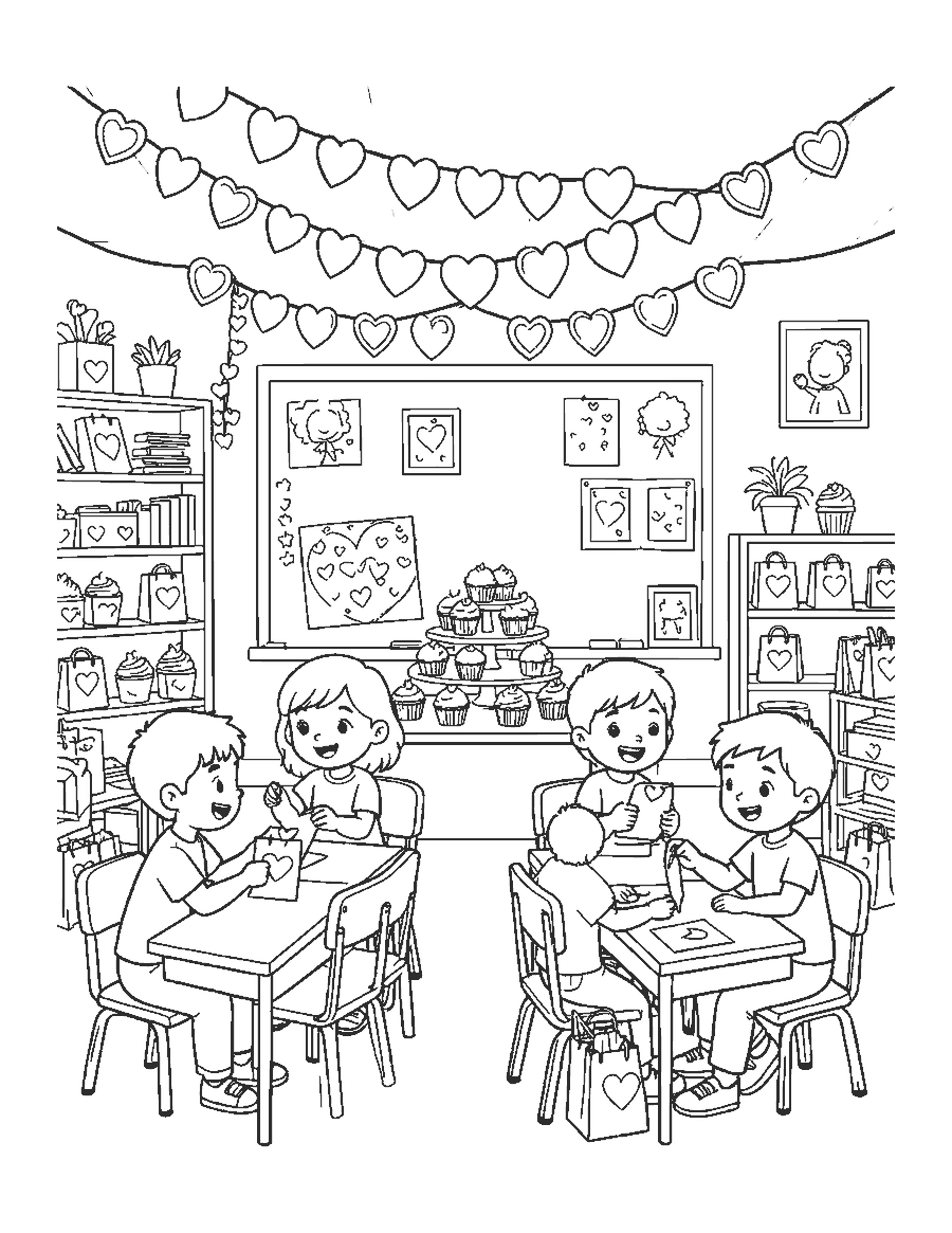 Line drawing of children trading envelopes at a classroom party with hearts