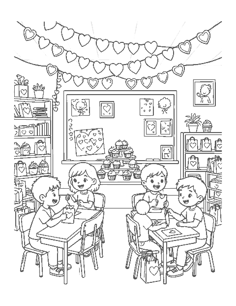 Line drawing of children trading envelopes at a classroom party with hearts
