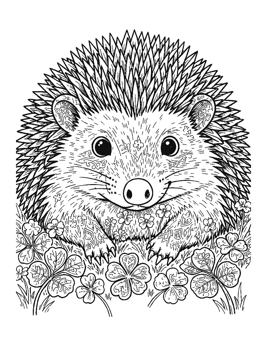 Line drawing close-up of a hedgehog's face with neat spines and paws on clover