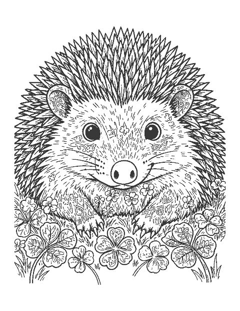 Line drawing close-up of a hedgehog's face with neat spines and paws on clover