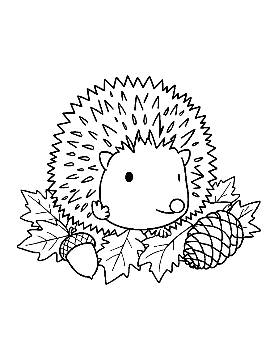 Line drawing of a hedgehog curled into a spiky ball on autumn leaves