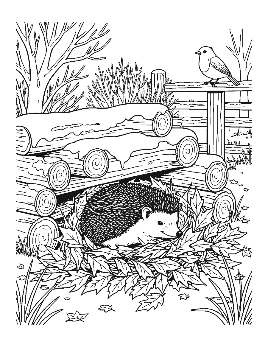 Line drawing of a hedgehog asleep in a leaf nest under a snowy woodpile