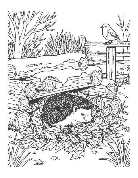 Line drawing of a hedgehog asleep in a leaf nest under a snowy woodpile