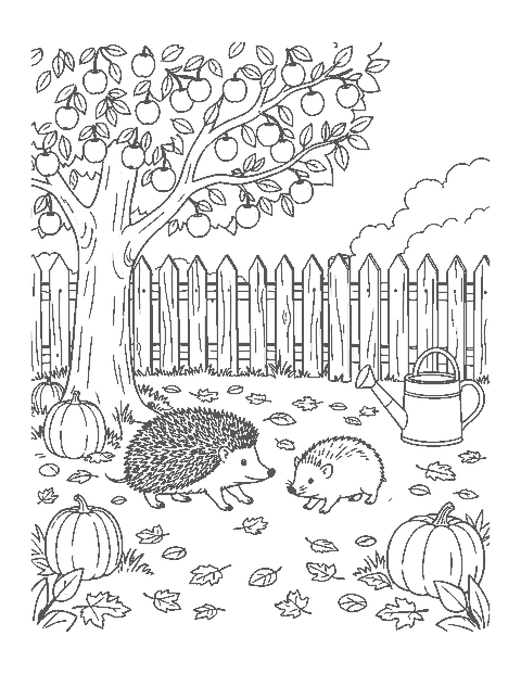 Line drawing of a mother hedgehog and two hoglets under an apple tree in an autumn garden