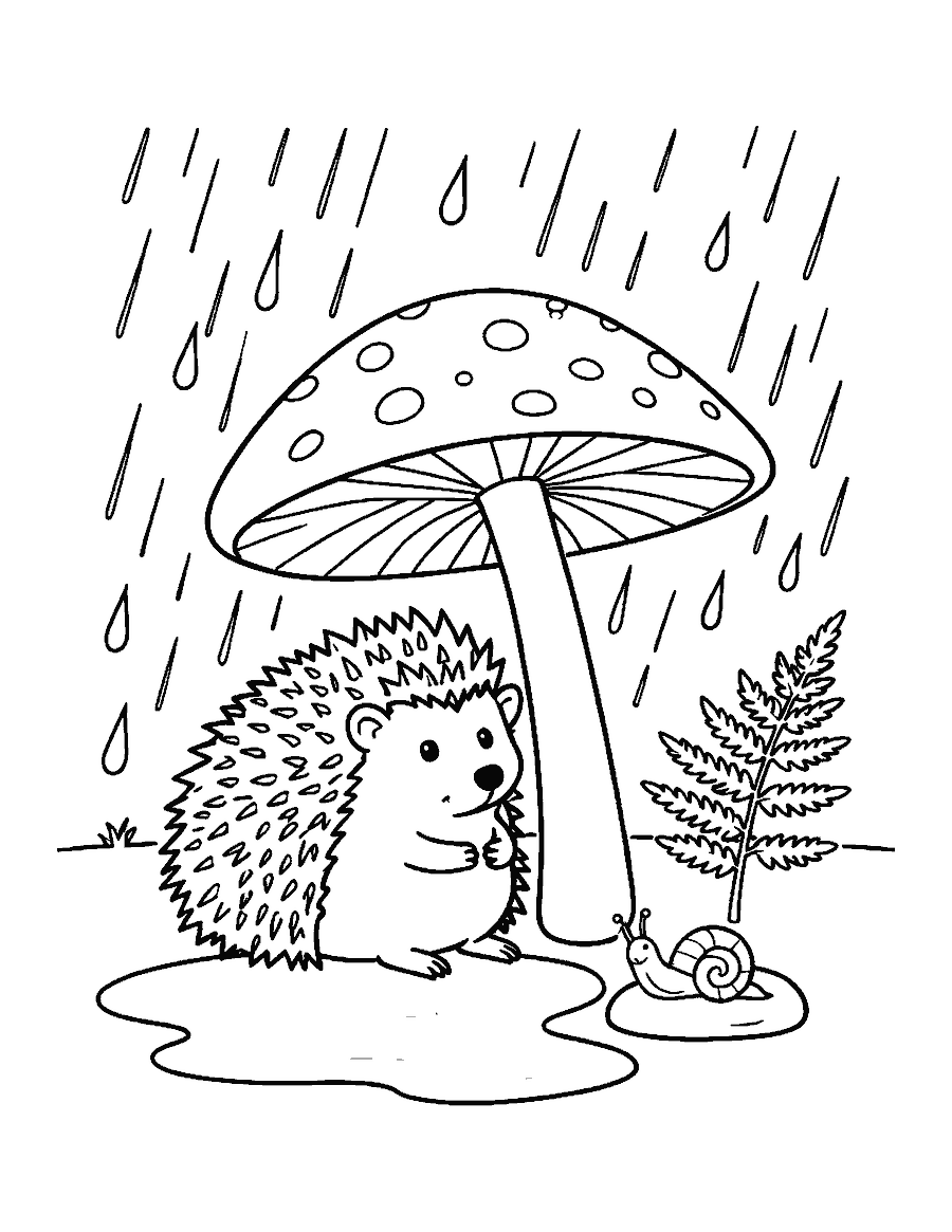 Line drawing of a hedgehog sheltering from the rain under a large mushroom