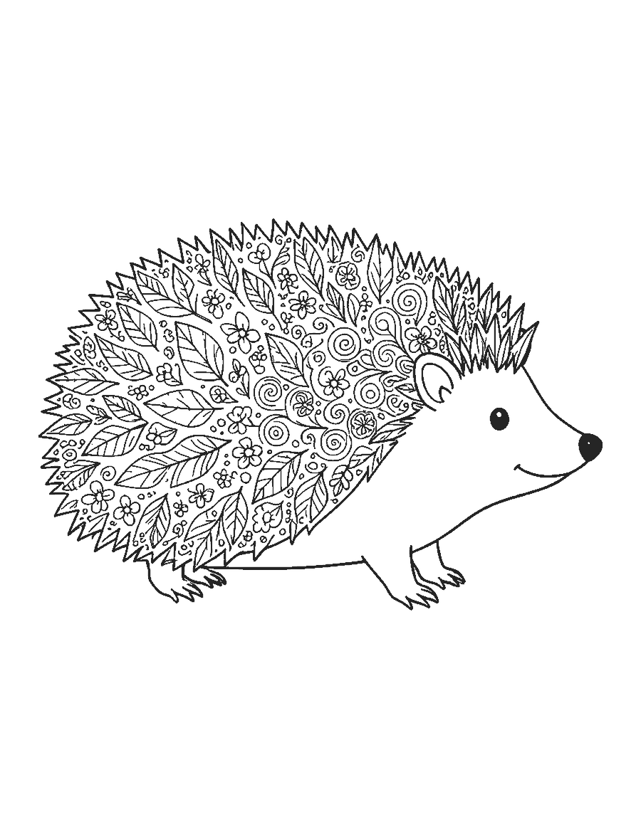 Line drawing of a hedgehog whose spiny back is filled with doodle patterns